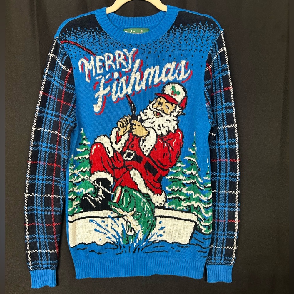 Merry Fishmas Ugly Christmas Sweater Santa Fishing Tacky Holiday M - Picture 1 of 6